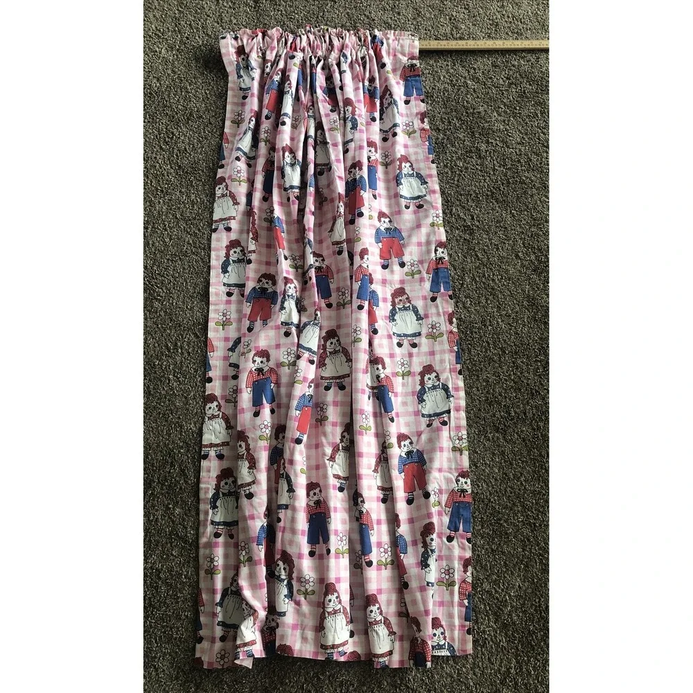 2 Vintage Custom Made RAGGEDY ANN & ANDY Curtain DRAPERY PANELS Pink Check 64x63